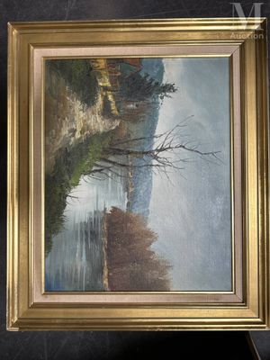 une image représentant un tableau d'un lac avec des arbres au premier plan