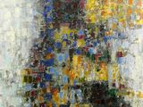 peinture abstraite représentant un bouquet de fleurs dans un vase posé sur une table