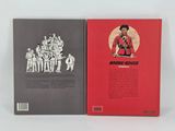 two books on a white surface with a red cover and a black and white cover