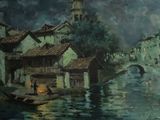 a painting of a boat on a river with buildings and a clock tower in the background