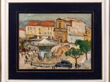 une peinture représentant une scène de rue avec une voiture garée devant un immeuble