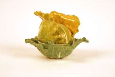 a cabbage in a bowl on a white surface