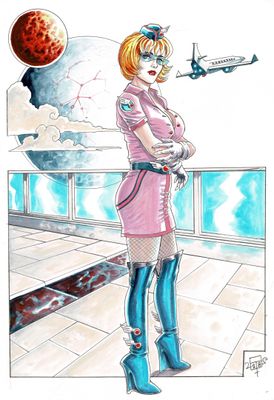 une photo d'une femme en robe rose et bottes, debout devant un avion
