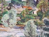 a painting of a river running through a small town