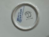 a close up of a plate with a blue and white design on it