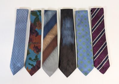 several different colored ties are arranged in a row on a white surface