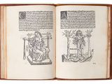 un livre ouvert sur lequel figure le dessin d'un homme assis sur une chaise
