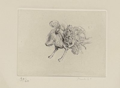 dessin au crayon représentant un homme à cheval avec un bouquet de fleurs sur le dos