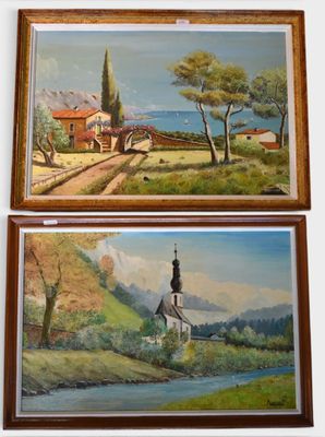 two paintings of a church and a church on a hill