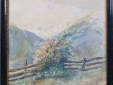 an oil painting of a mountain scene with a fence in the foreground