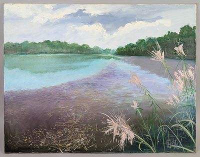 a painting of a painting of a lake and some grass