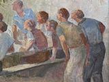 a painting of a group of people playing a game of pool