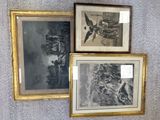 three framed pictures of a man and a woman sitting on a couch