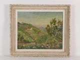 an oil painting of a landscape with trees and hills in the background