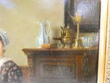 un tableau représentant une femme assise devant une cheminée