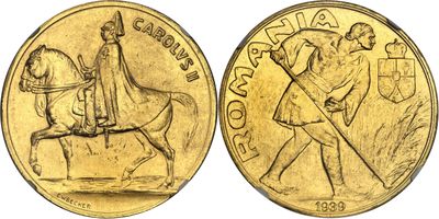 a close up of a gold coin with a man on a horse
