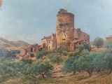 tableau représentant un château sur une colline, avec des oliviers au premier plan
