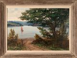 a painting of a sailboat on the water by a tree