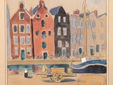 une aquarelle représentant un bateau dans un port