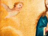 an image of a painting of a woman kneeling in front of a dove