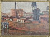 a painting of a man standing on a boat in the water