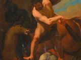 une image représentant un tableau où l'on voit un homme à cheval entouré d'animaux