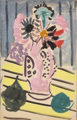 une peinture représentant un vase avec des fleurs sur une table