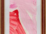 painting of a pink flower in a gold frame on a white wall
