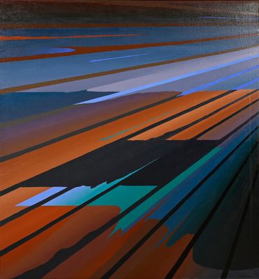 peinture abstraite représentant un coucher de soleil sur un plan d'eau, avec le ciel en arrière-plan