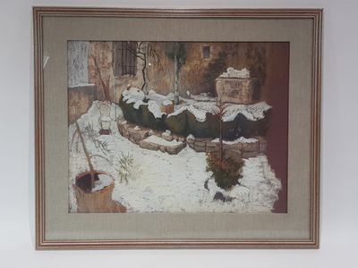 un tableau représentant une femme assise sur un banc dans la neige