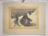 an old picture of a woman and two children walking in the snow