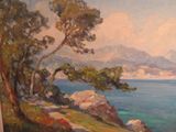 un tableau représentant une vue sur l'océan depuis une colline