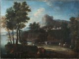 peinture d'un paysage avec une rivière et un château au loin