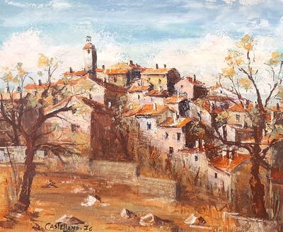 une peinture à l'huile représentant un village avec une église à l'arrière-plan