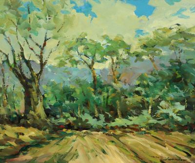 une peinture à l'huile représentant un chemin de terre avec des arbres en arrière-plan