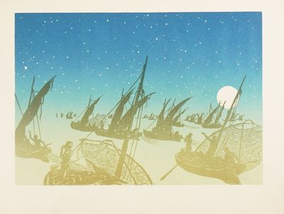 many boats that are floating in the water at night