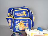 a blue backpack with a game controller and other items on the table