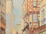 painting of a street scene with a horse and people walking down the street