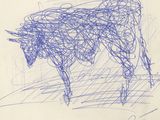 dessin d'une vache sur une feuille de papier, réalisé au feutre bleu