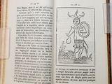 an open book with a drawing of a horned man holding a shield