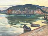 un tableau représentant des bateaux au bord d'un lac