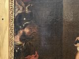 an old painting of a man with a sword and a woman with a dog
