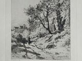 an old black and white drawing of a person walking on a path