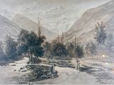 a painting of a man and a woman fishing in a river