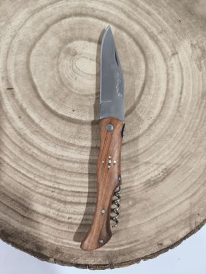 a knife that is sitting on a piece of wood