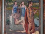 painting of three women in a bathtub with a man and a woman in a bathing suit