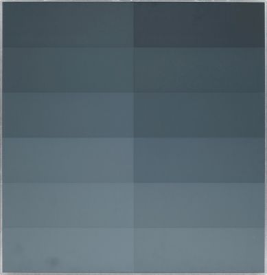 an image of a large painting of a blue and grey striped wall