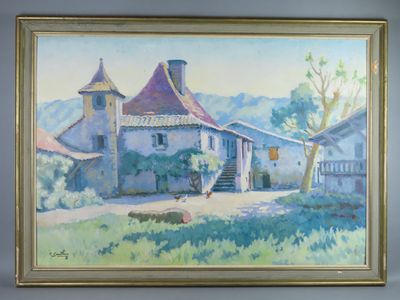 painting of a house in a country setting with a dog in the foreground