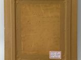 a painting of a brown frame with a green label on it