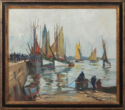 une peinture à l'huile représentant un groupe de voiliers sur un plan d'eau